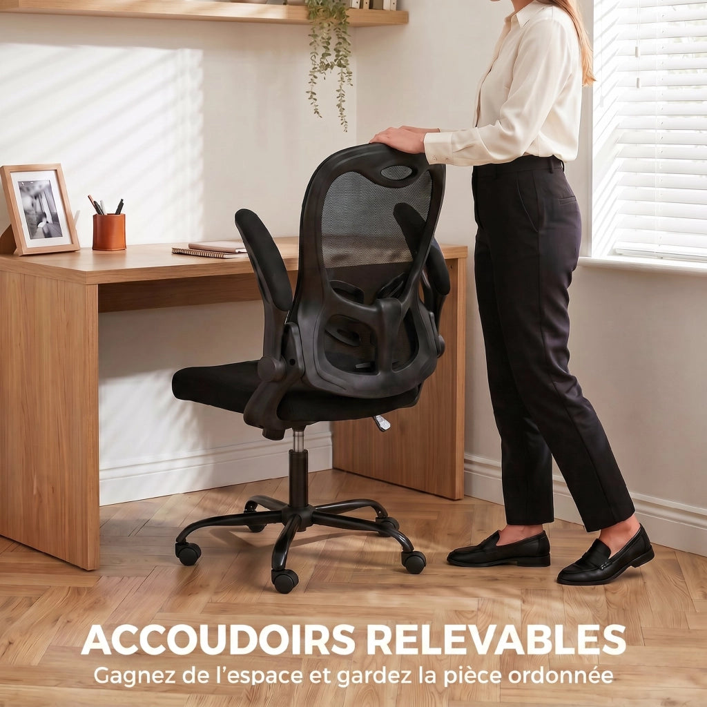 Sedia da ufficio ergonomica in rete con braccioli ribaltabili, altezza regolabile 46,5-56,5 cm e bascula, nera