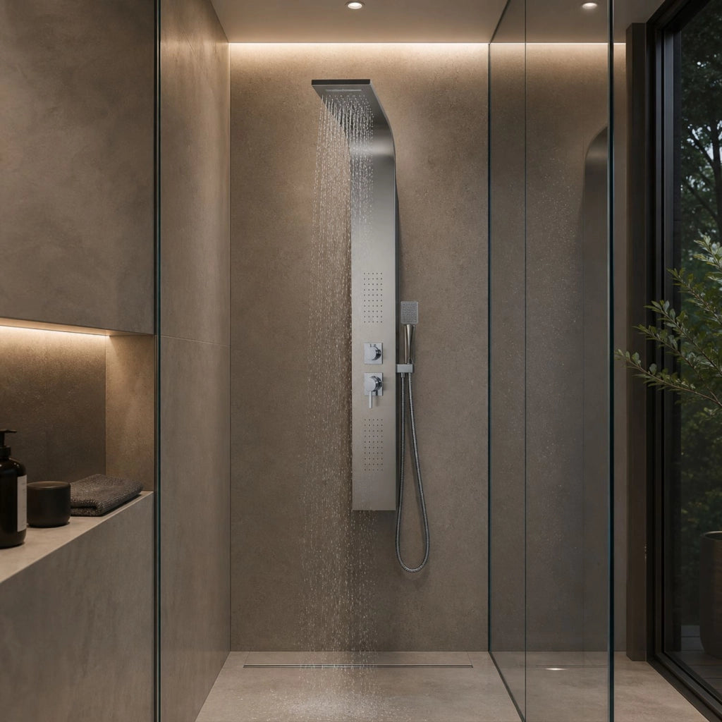 Em colonna doccia jungle acciaio inox spazzolata 4 funzioni con cascata doccetta miscelatore acqua calda fredda