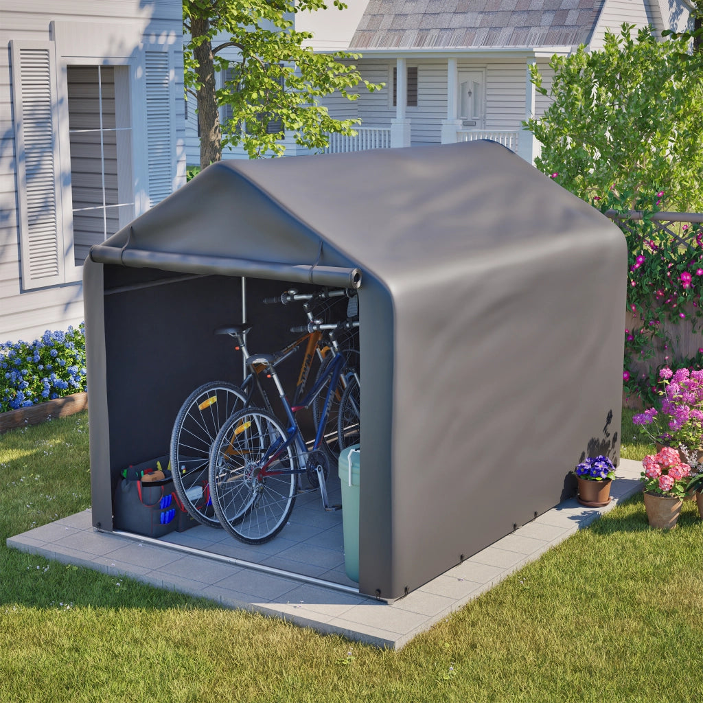 Garage per Biciclette Grigio 160 x 220 x 165 cm In Metallo E Pe Per Esterno Con Tetto Trapezoidale E Porta A Rullo
