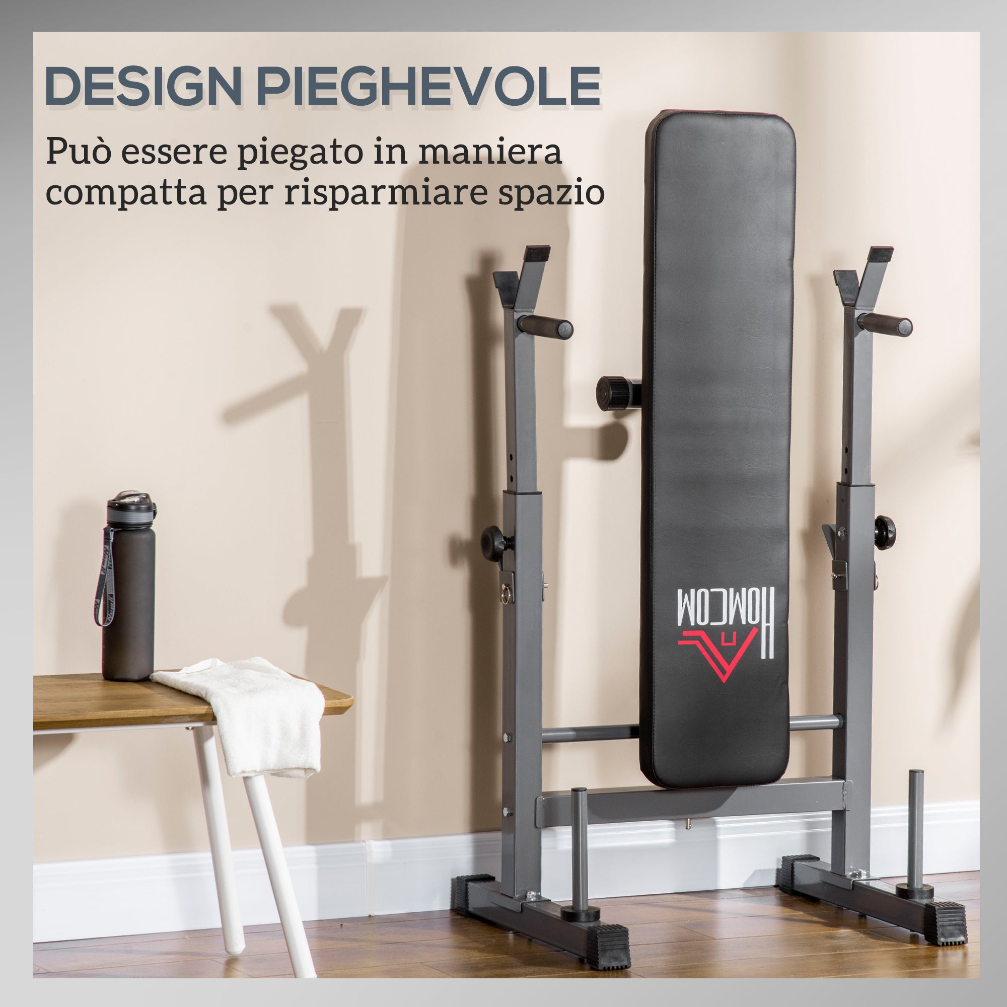 Panca Pesi Pieghevole con 8 Altezze Regolabili e Supporto Bilanciere in Acciaio e PU Grigio