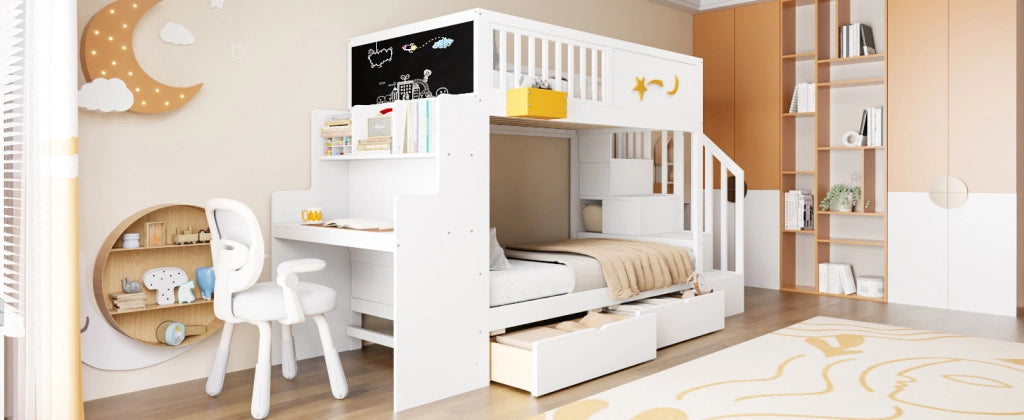 LETTO a castello 90x200 cm in legno massello di pino bianco con scrivania e scala