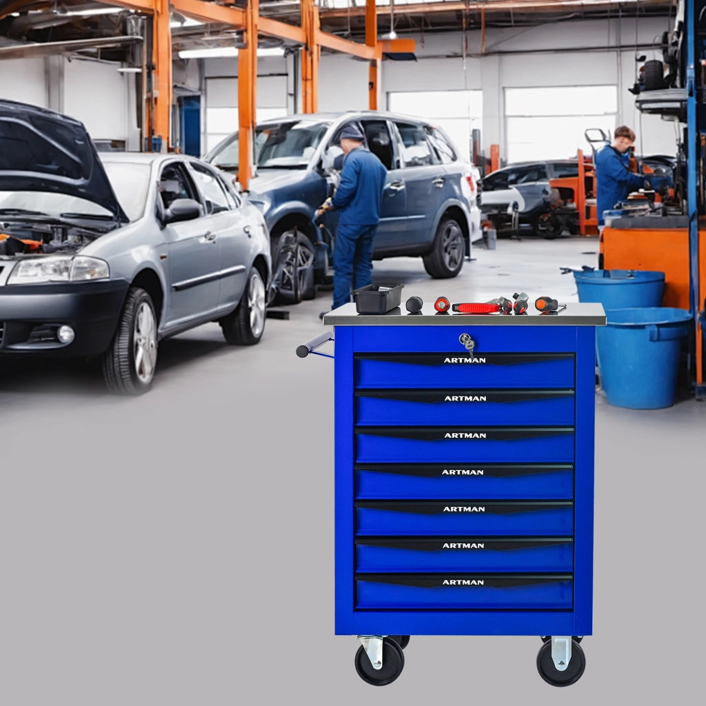 Mobile contenitore con 7 cassetti e ruote con chiusura a chiave per garage; officina e magazzino