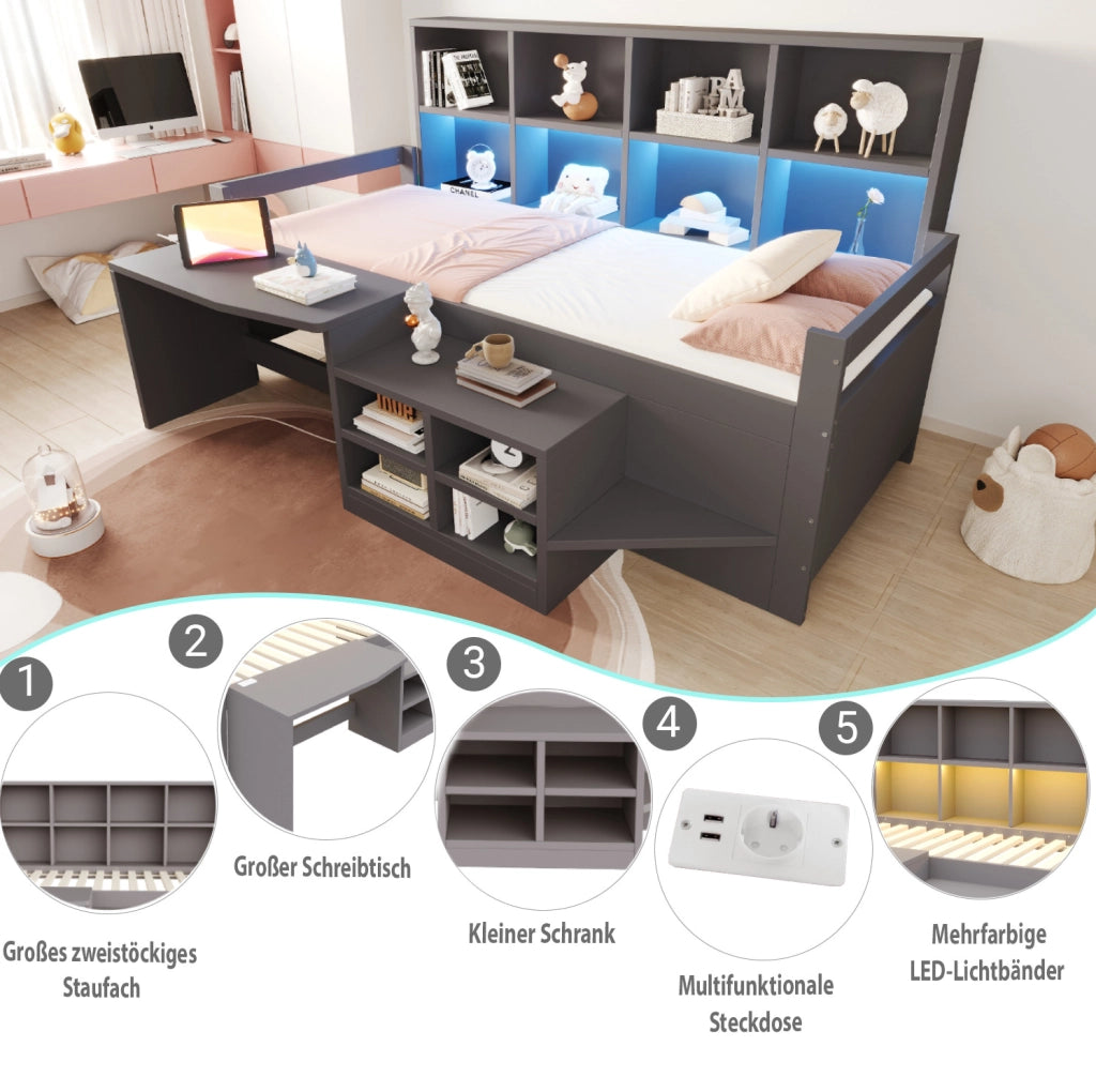 Letto singolo multifunzione 90x200 cm con scrivania; vani contenitore e LED; grigio