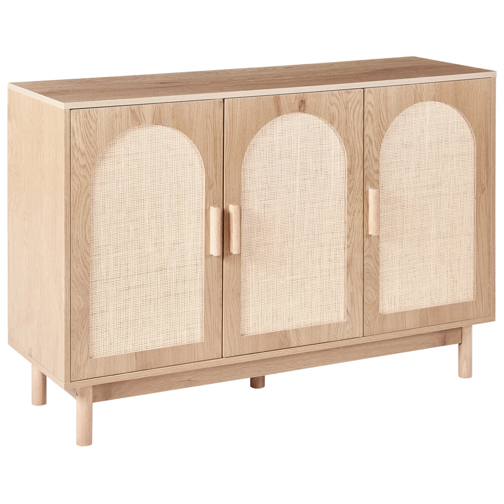 Credenza a 3 ante Marrone chiaro Pannello truciolare Frontale in rattan Gambe in legno Stile boho Mobile contenitore per soggiorno