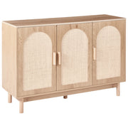 Credenza a 3 ante Marrone chiaro Pannello truciolare Frontale in rattan Gambe in legno Stile boho Mobile contenitore per soggiorno