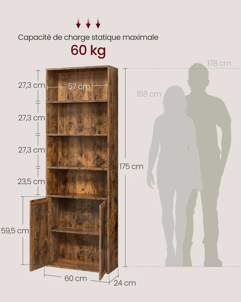 Libreria alta a 6 ripiani con anta mobile contenitore aperto 24 x 318 x 175 cm per soggiorno ufficio sala da pranzo marrone 12_0005284