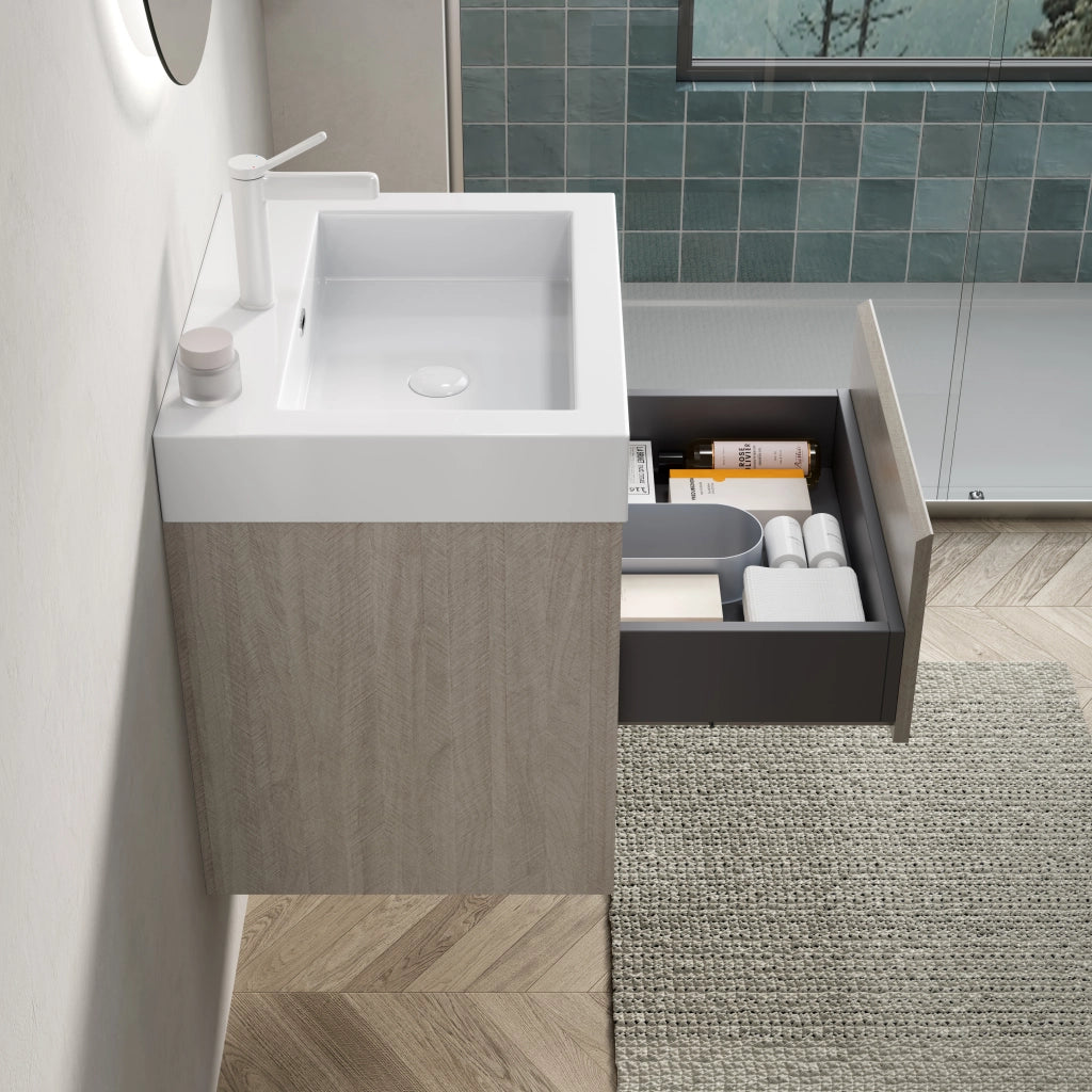 Mobile sottolavabo con lavabo in resina, 1 cassetto e vano aperto, per bagno, rovere chiaro bianco, 55 × 46 × 60 cm