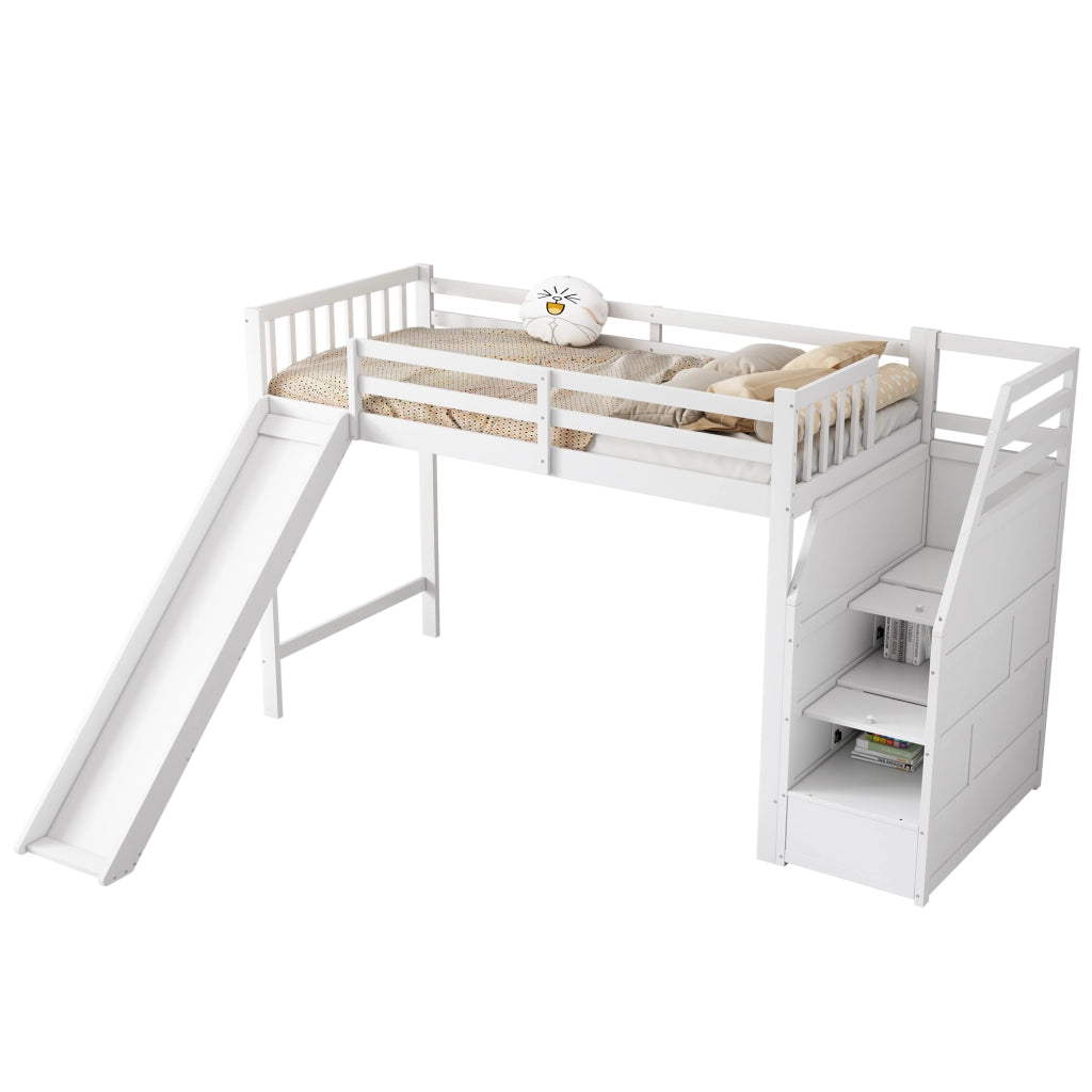 Letto a castello bianco in pino con scivolo e scala portante 90x200 cm