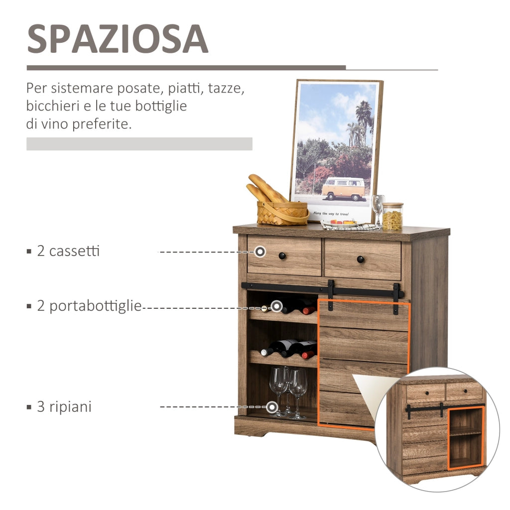EasyComfort Mobile da Cucina Rustico con 2 Cassetti, Ripiani Aperti e Portabottiglie, Credenza Buffet in Legno e Metallo, 80x39x86 cm, Color legno