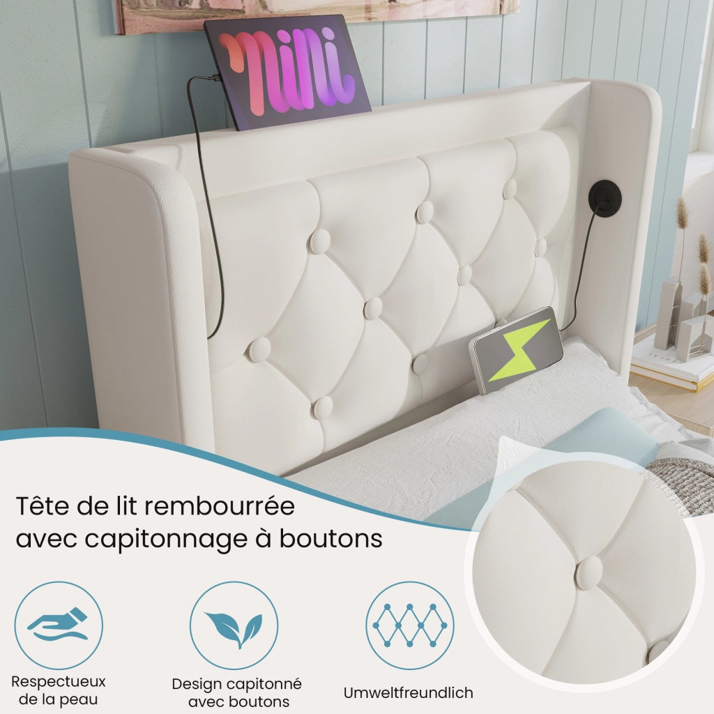 Letto Contenitore Singolo con USB; Tipo C e LED Regolabile 90×200 cm; senza Materasso; in PU Bianco