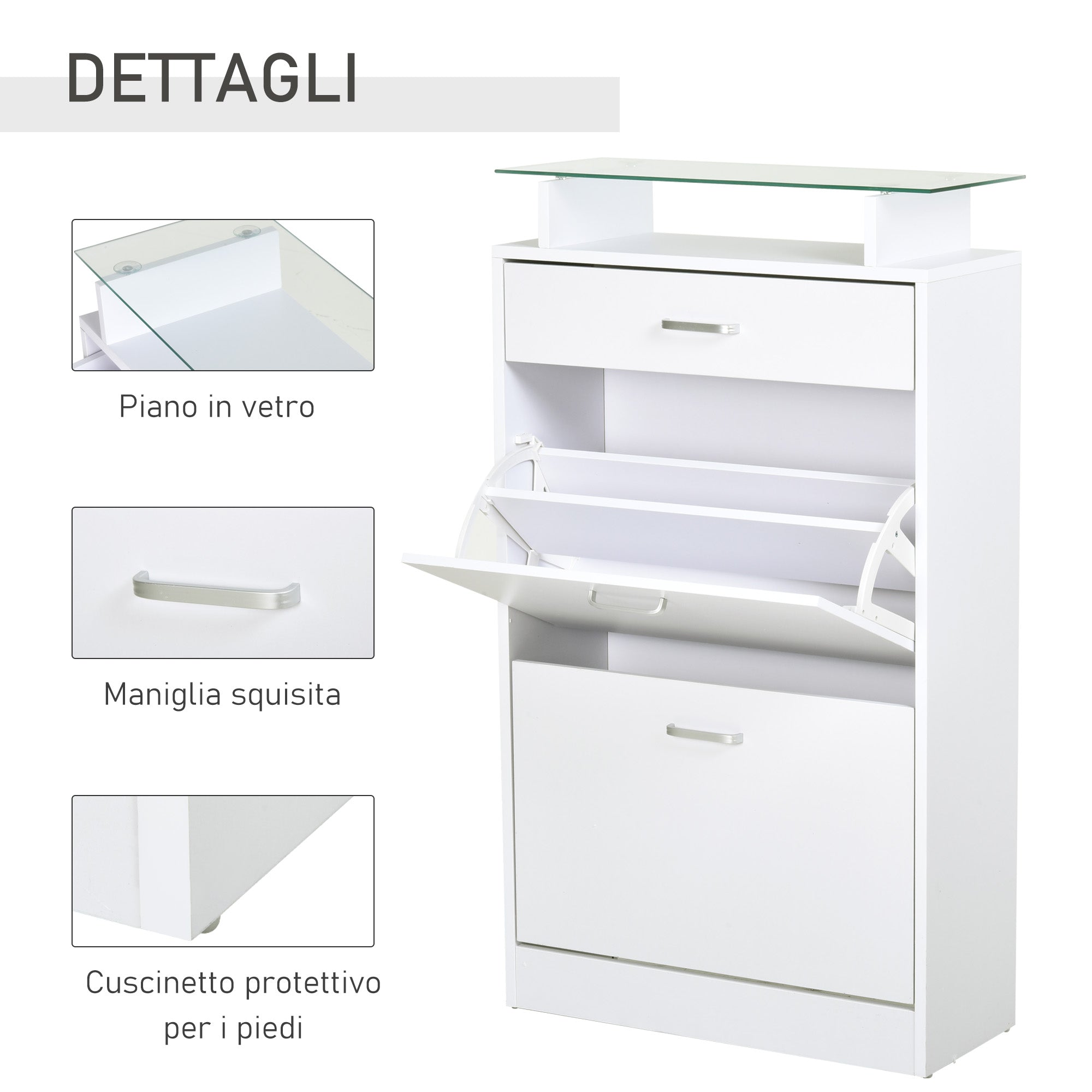 Mobile Scarpiera 2 Ante a Ribalta 1 Cassetto 1 Mensola in Vetro in Legno Bianco