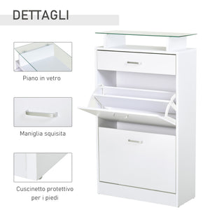 Mobile Scarpiera 2 Ante a Ribalta 1 Cassetto 1 Mensola in Vetro in Legno Bianco