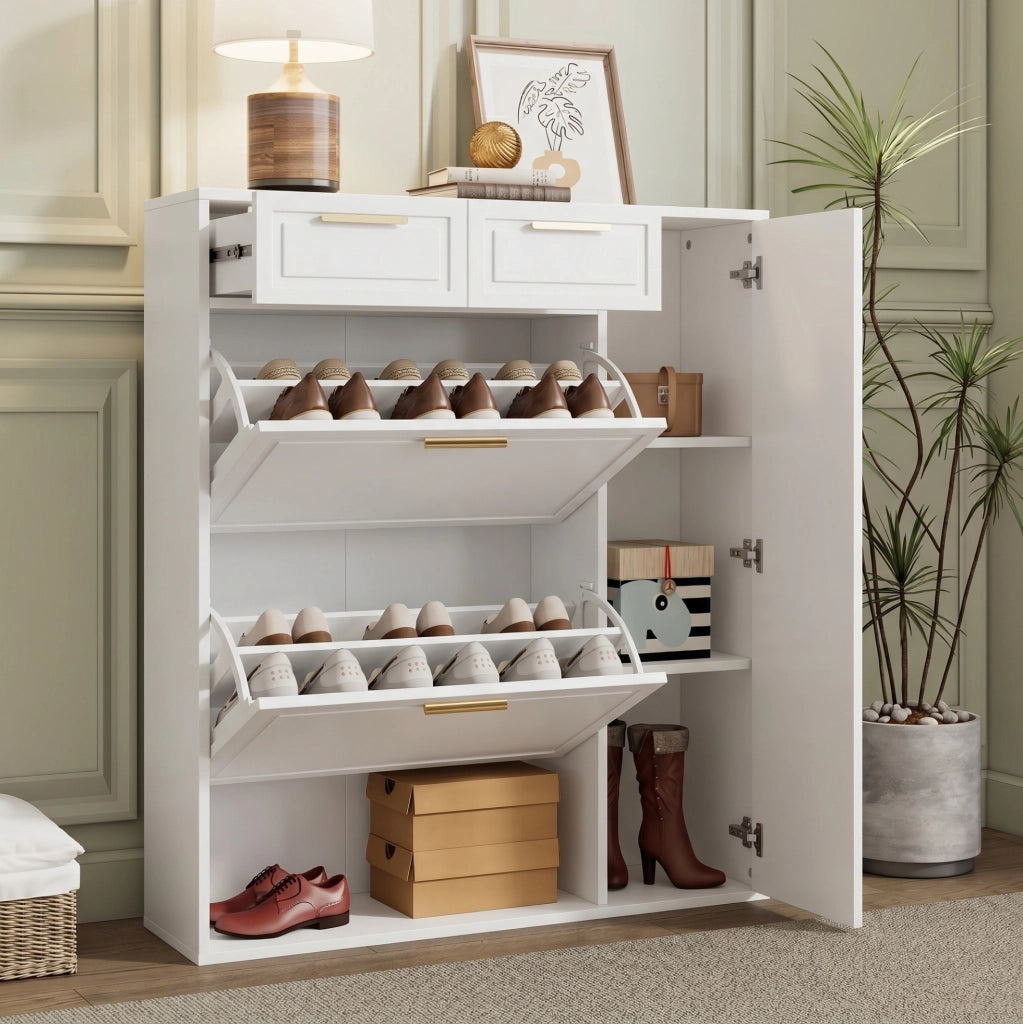 Scarpiera 95x24x107.5 cm con cassetti e ripiani regolabili; pannello truciolare bianco