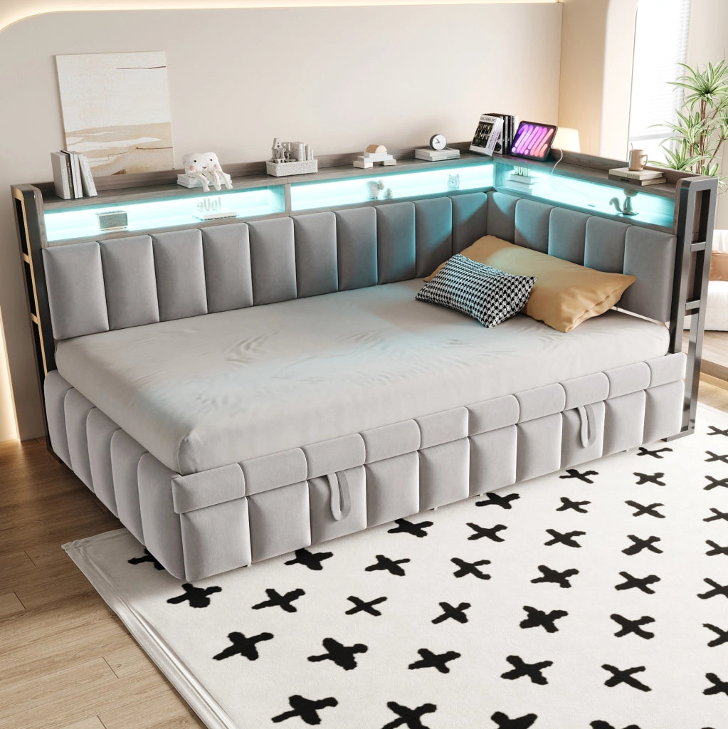 Divano letto estraibile 90x200 cm in velluto grigio chiaro con LED e USB-C