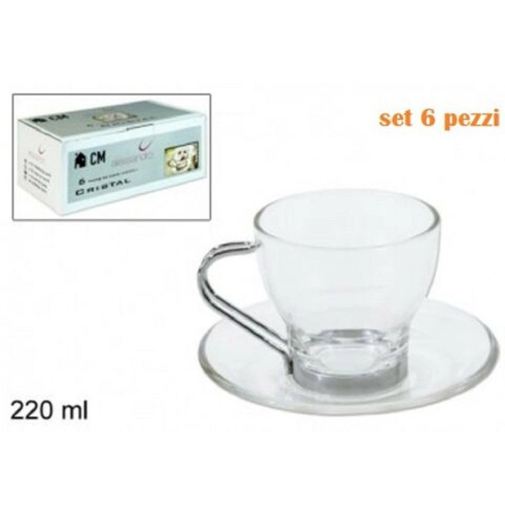 Trade Shop - Set Servizio 6 Tazze Tazzine Caffè In Vetro Trasparente Con Piattino 220ml -