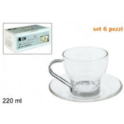 Trade Shop - Set Servizio 6 Tazze Tazzine Caffè In Vetro Trasparente Con Piattino 220ml -