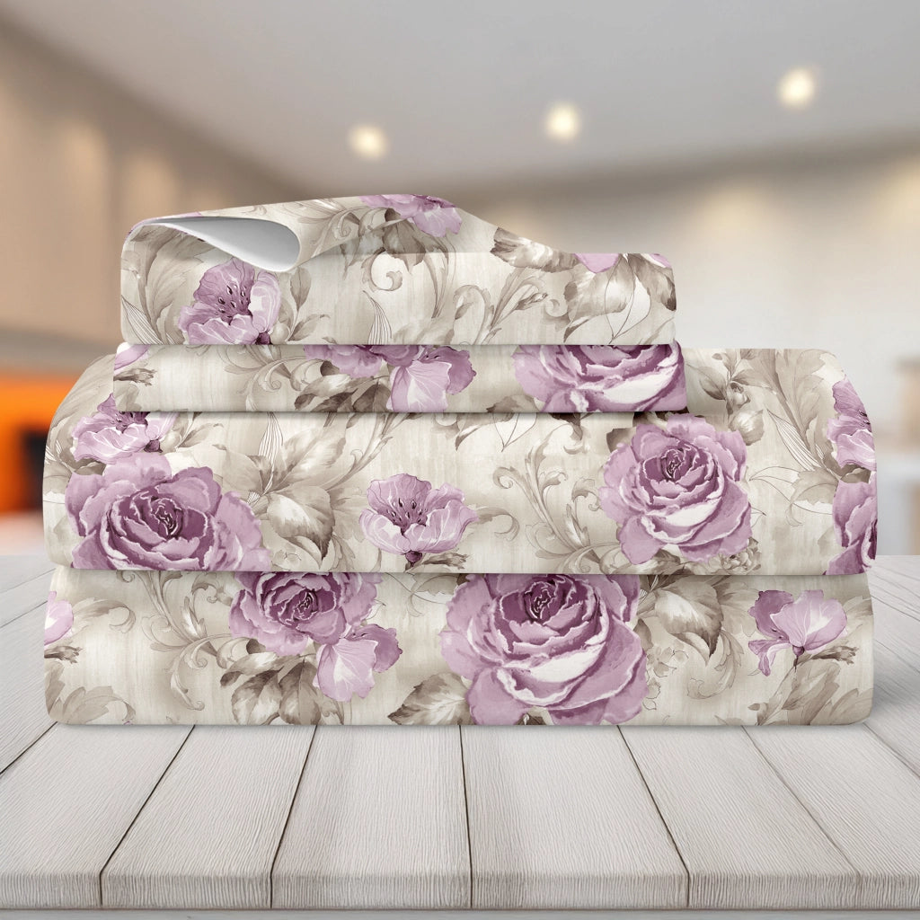 Completo Letto Matrimoniale No Stiro Set Lenzuola In Morbida Microfibra Anallergica Lenzuolo Sotto Con Angoli Elastici Fino 30 Cm, Lenzuolo Teso Sopra 2 Federe Prodotto Italiano  Boccioli Rosa