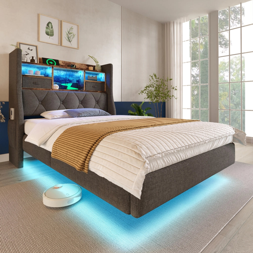 LETTO 90x200 cm con LED, testiera con ricarica USB/Type-C, lino grigio