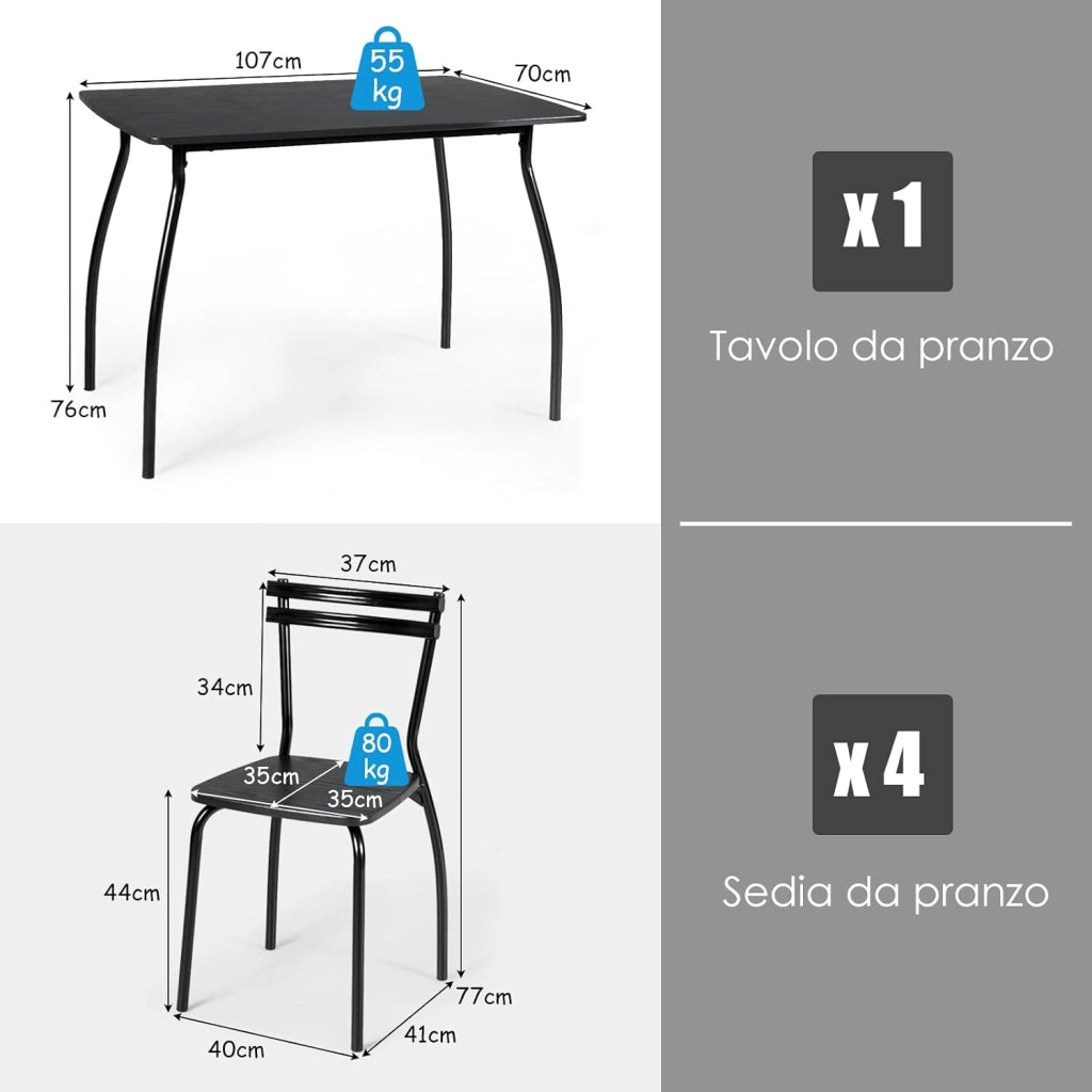 Set Tavolo e Sedie da Cucina 5 Pezzi, Tavolo da Pranzo Rettangolare e 4 Sedie con Telaio Robusto in Metallo, Tavolo con Sedie da Sala da Pranzo Soggiorno Ristorante, Nero