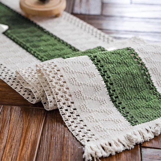 Macramé Tavolo con Cestello in Cremo Beige e Verde Boho Tavolo con Spilli Manuale Tavolo in Coton con Cestello Handicraft Tavolo Rustico per Cucina Bohemina 30x120cm