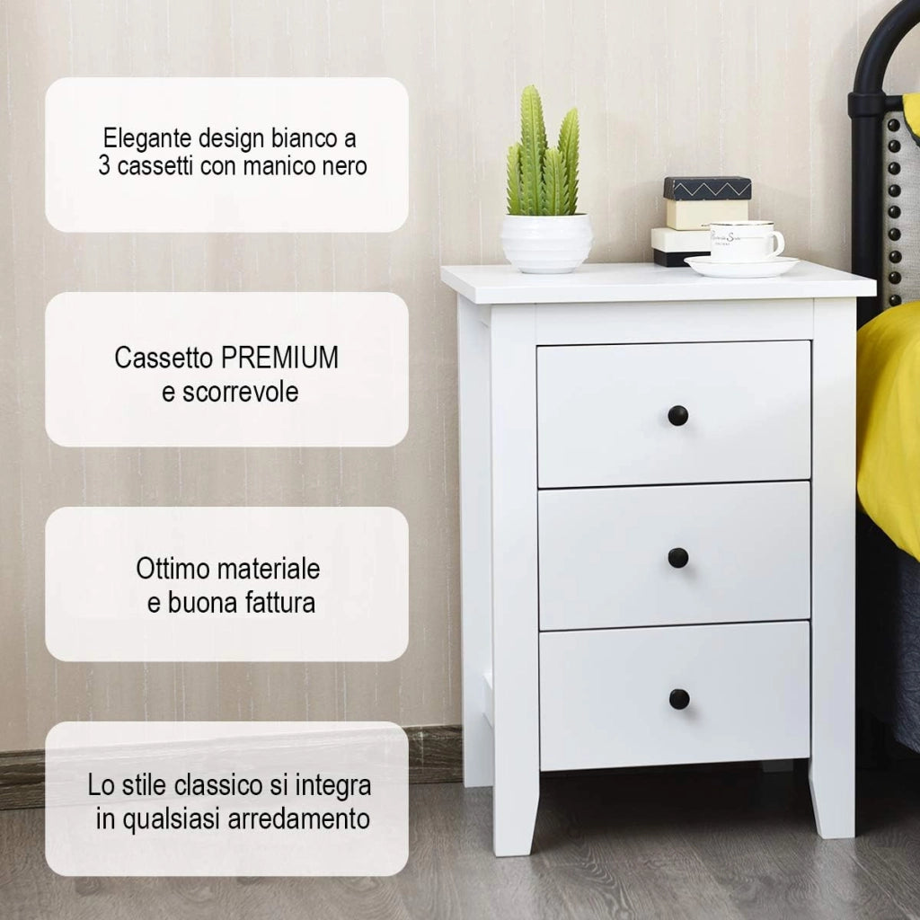 Comodino con 3 Cassetti, Cassettiera da Letto, Tavolino Spazioso con Struttura Resistente, per Salone e Camera da Letto, 46 x 37 x 65 cm (Bianco, 1 pezzo)