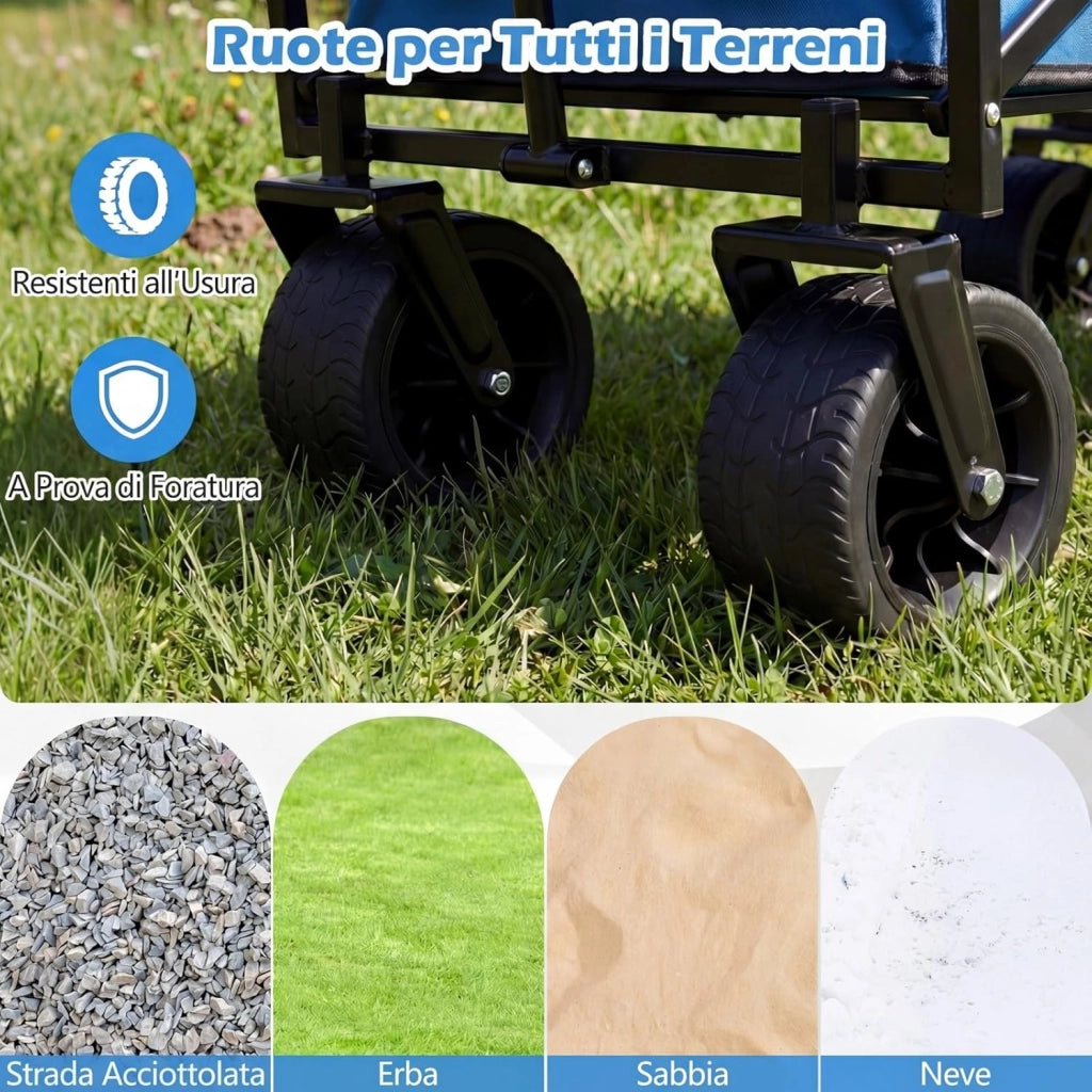 Carrello Pieghevole con Tetto, Carrello Trasportabile con Maniglia Regolabile, Borsa Portaoggetti e Ruote Grandi, Carrello da Giardino Capacità 100L, per Campeggio e Animali Domestici (Blu)