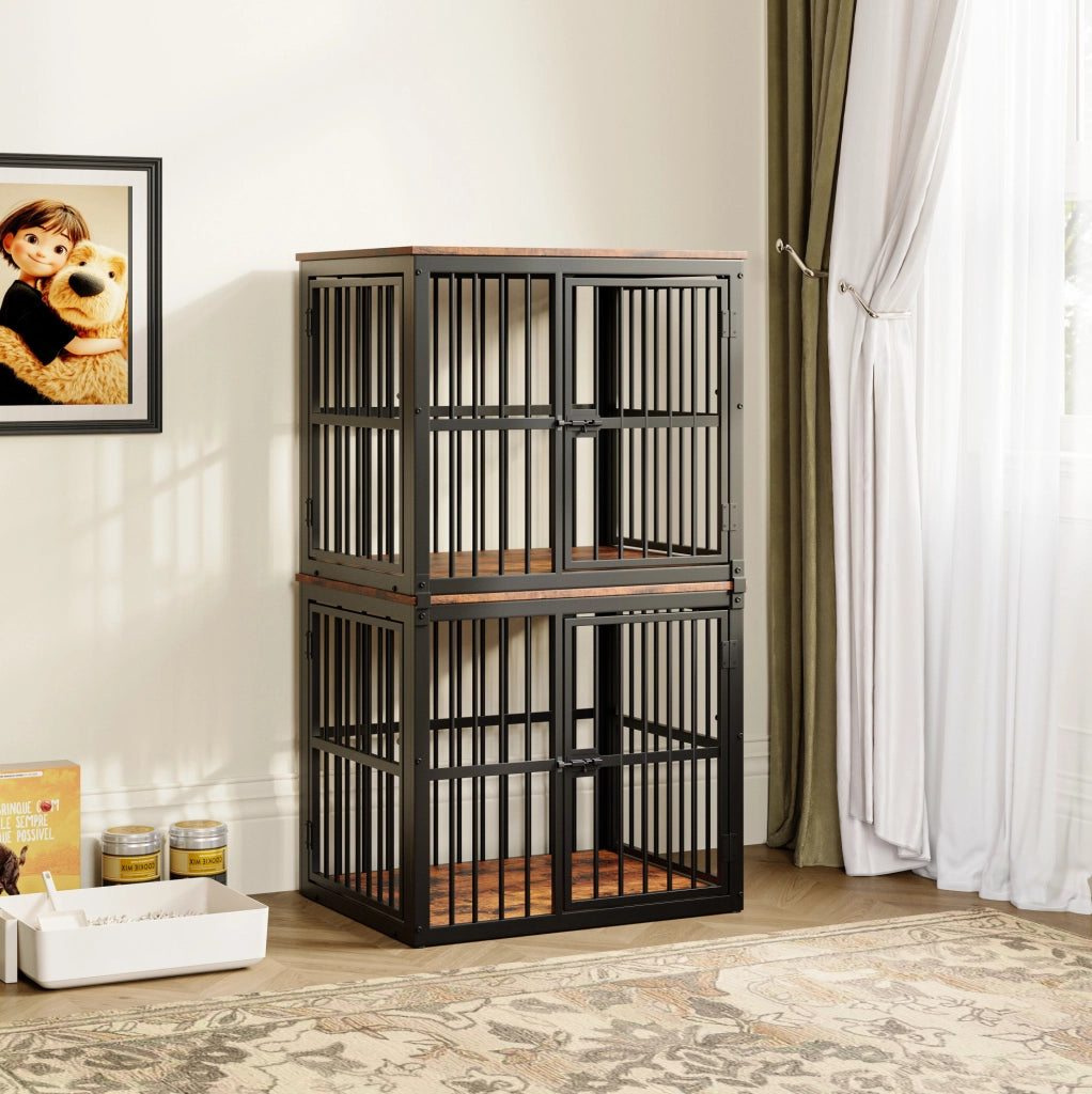 Gabbia per Cani Mobile 68,4×53×61 cm con 3 Porte, Tavolino Nero e Marrone