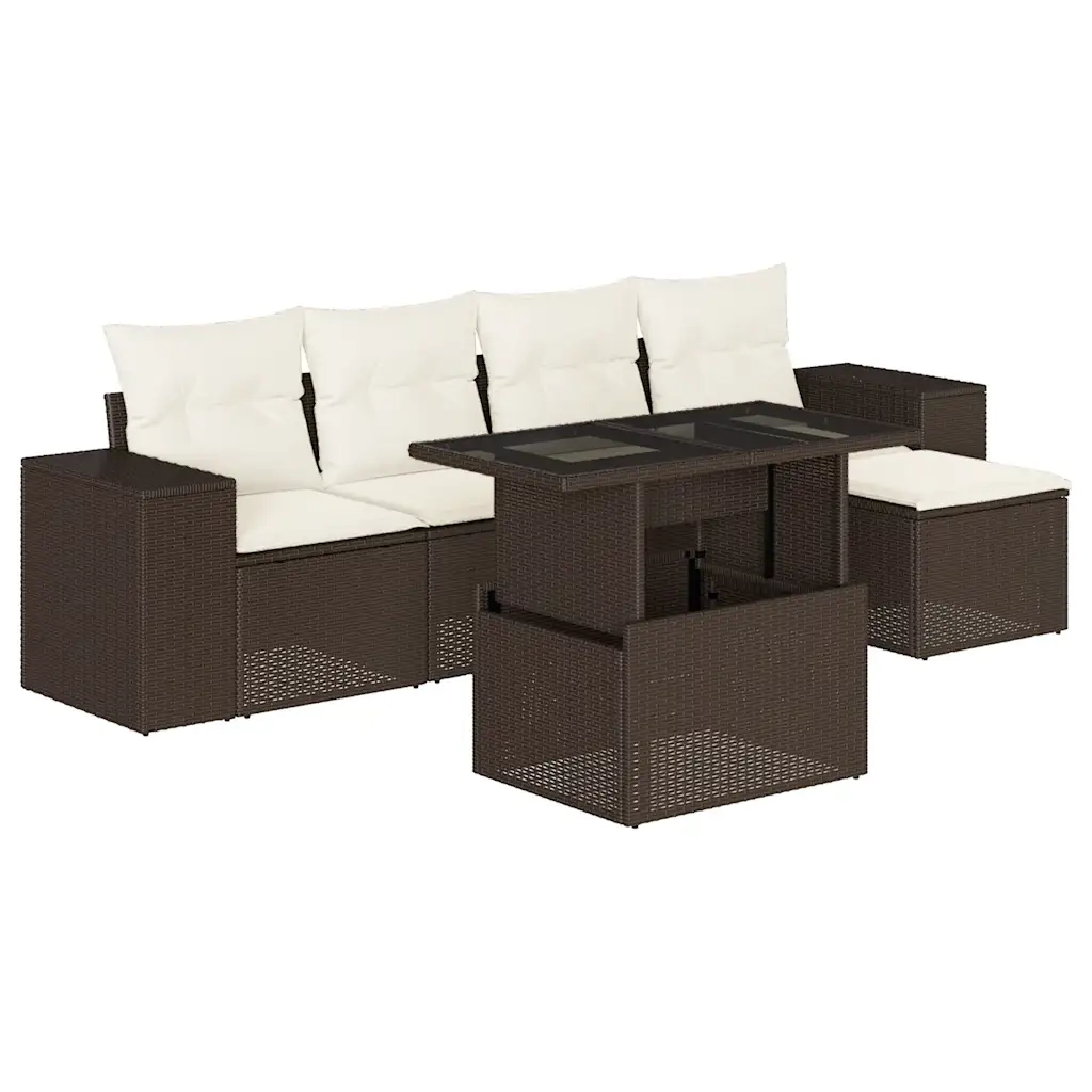 Set Divano da Giardino 6 pz con Cuscini Marrone in Polyrattan