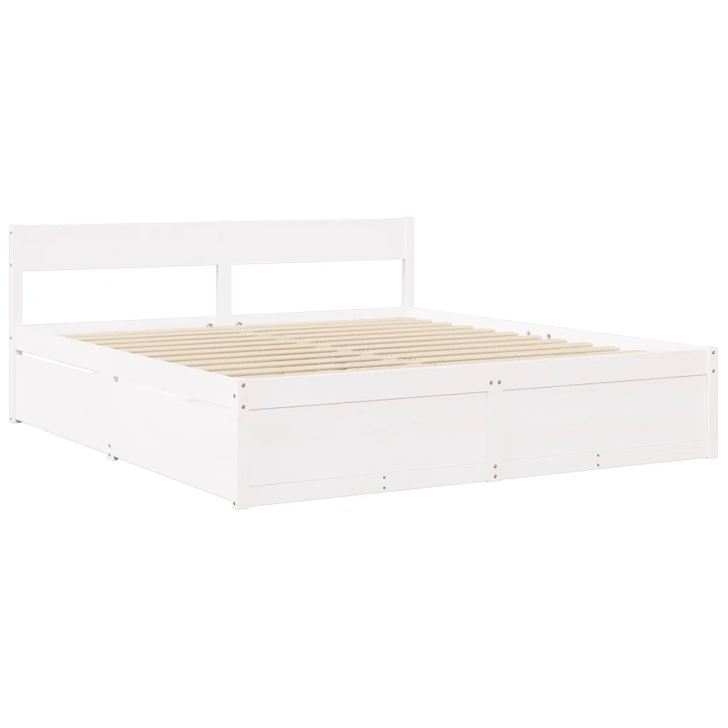 Letto Cassetti e Materasso Bianco 200x200cm Legno Massello Pino