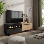 Mobile TV, 200x35x57cm, soggiorno, Per TV fino a 80", Camino elettrico, Design industriale, colore Rovere e nero RF2254