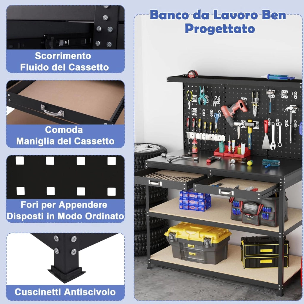 Banco da Lavoro con Piano da 120 x 60 cm, Banco da Lavoro Officina con Pannello Forato e 24 Ganci Porta Attrezzi, Tavolo da Lavoro per Garage con 2 Cassetti e 2 Mensole (Nero)
