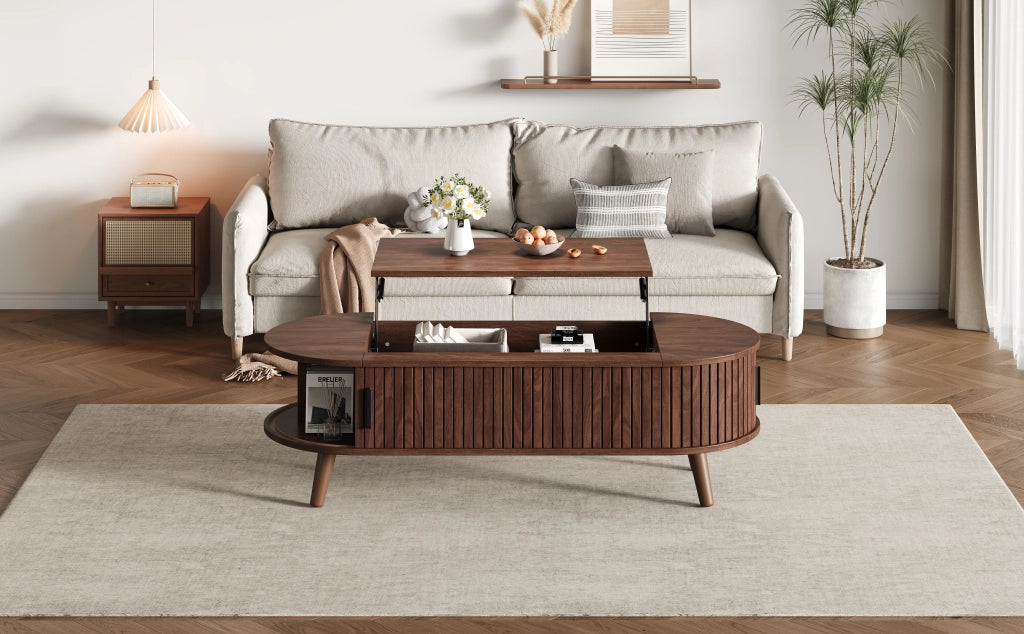 Tavolino basso sollevabile con vano contenitore nascosto e 4 vani, per soggiorno, in MDF, noce, 120 × 50 × 39,5 cm