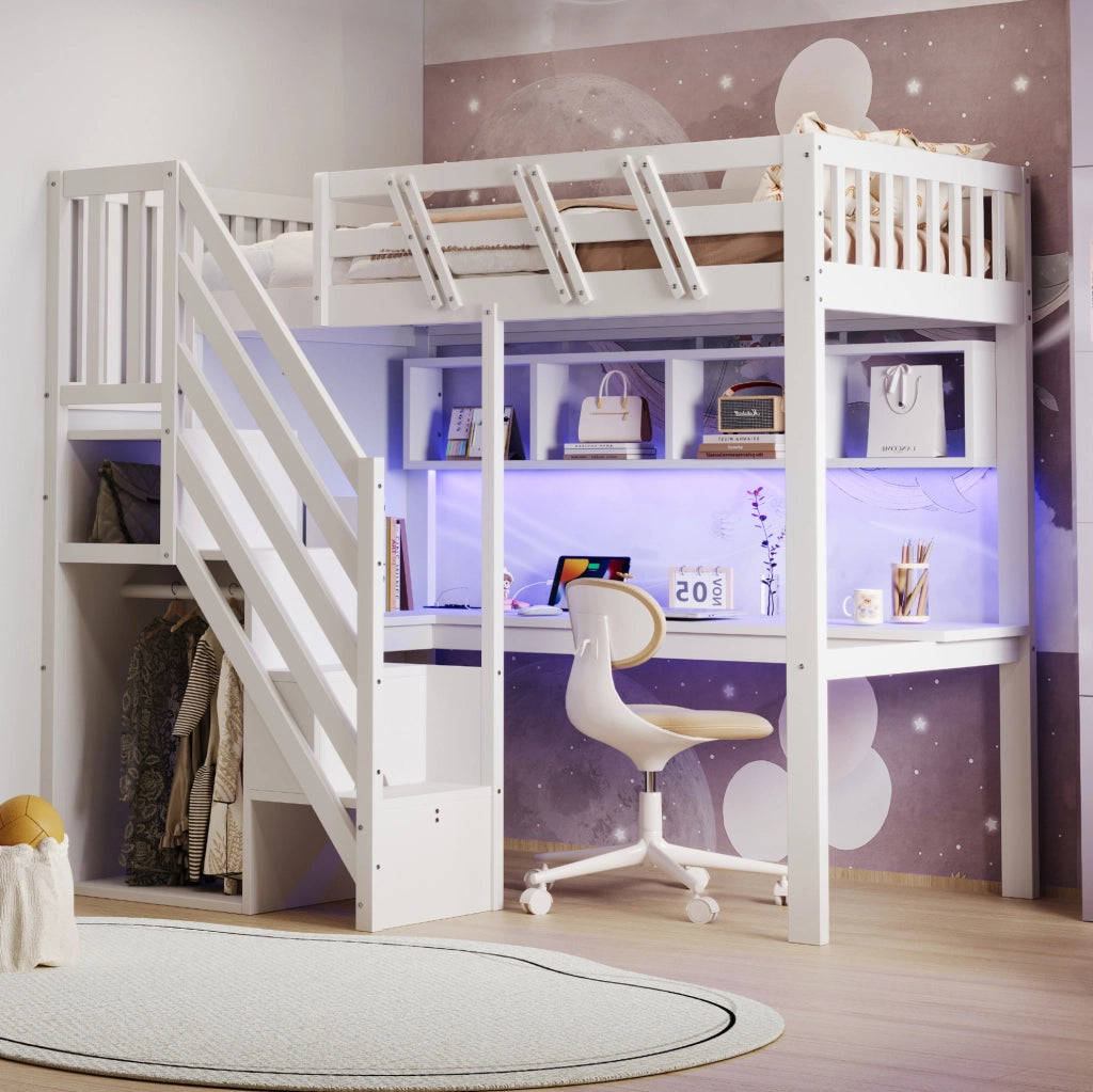 Letto a soppalco 90x200 cm con scrivania; scala contenitore e LED; bianco