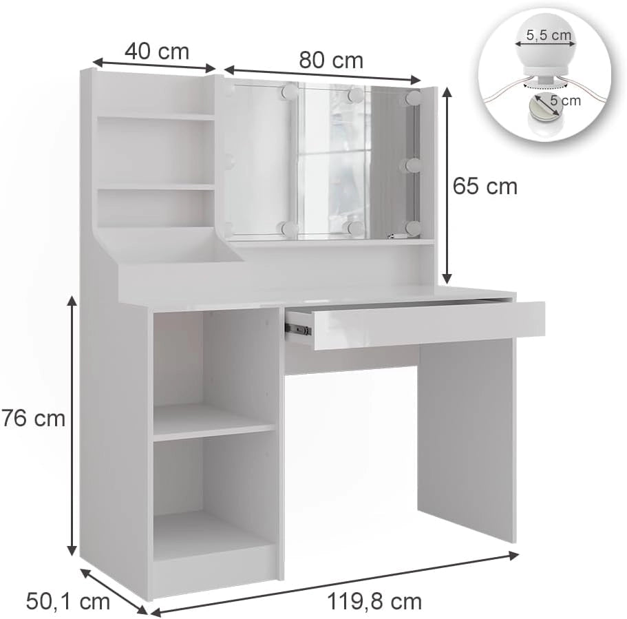 Tavolo da toeletta Sherry, Bianco/bianco lucido, 119.8 cm 4 parti