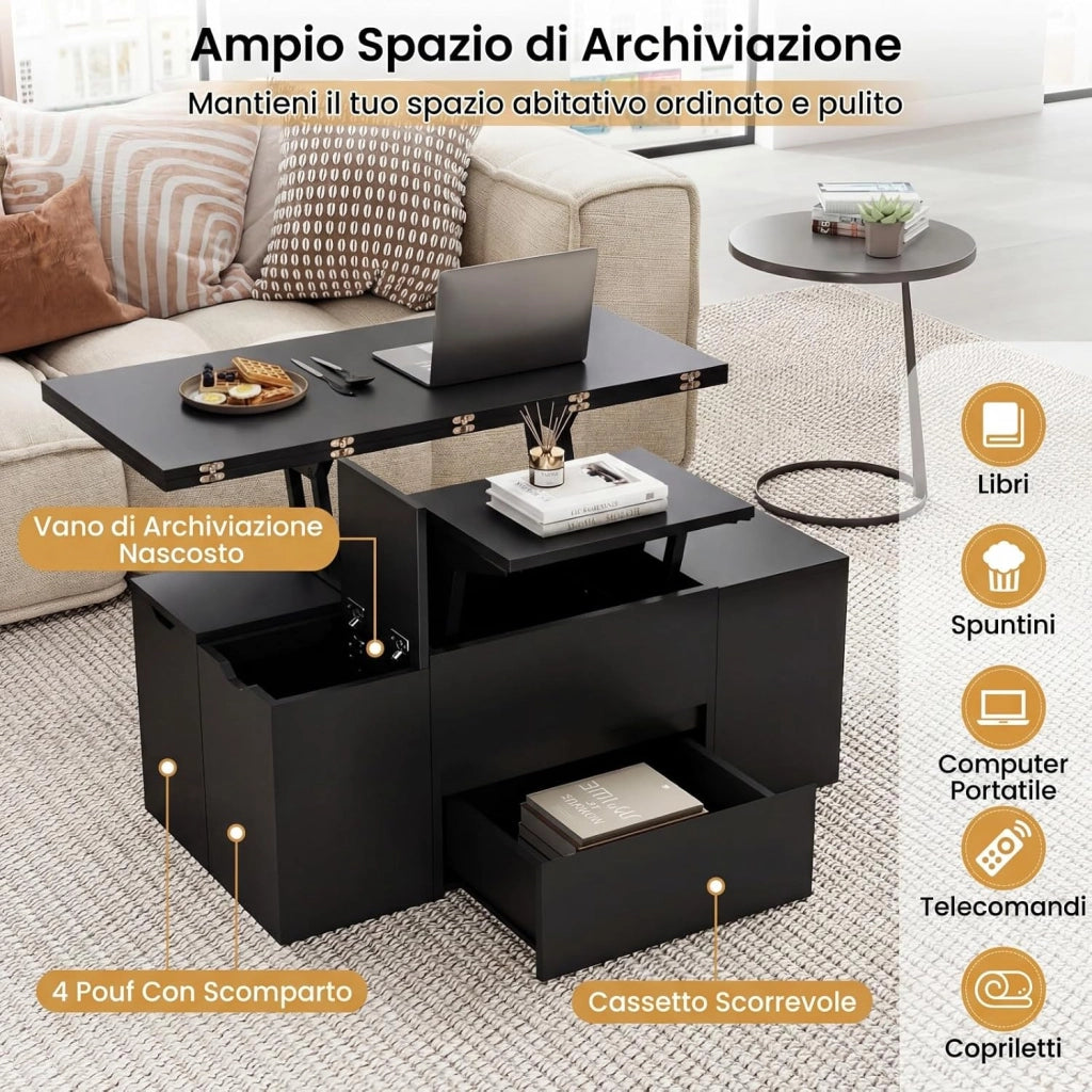 Tavolino con Piano Sollevabile e Pieghevole, Tavolino da Salotto 3 in 1 con 4 Sgabelli Contenitori, Scomparto Nascosto e Cassetto, Tavolo Rettangolare per 4-8 Persone (Nero)