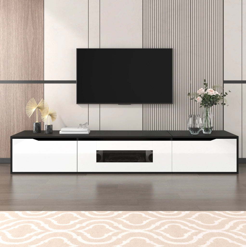 Mobile TV basso 180 cm nero e bianco con LED USB, finitura lucida