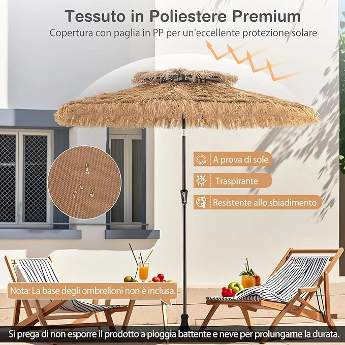 Ombrellone da Spiaggia 270 cm, Ombrellone Hawaiano in Paglia PE con 8 Stecche, Manovella Manuale, Inclinazione Regolabile, Ombrellone Portatile per Spiaggia, Patio
