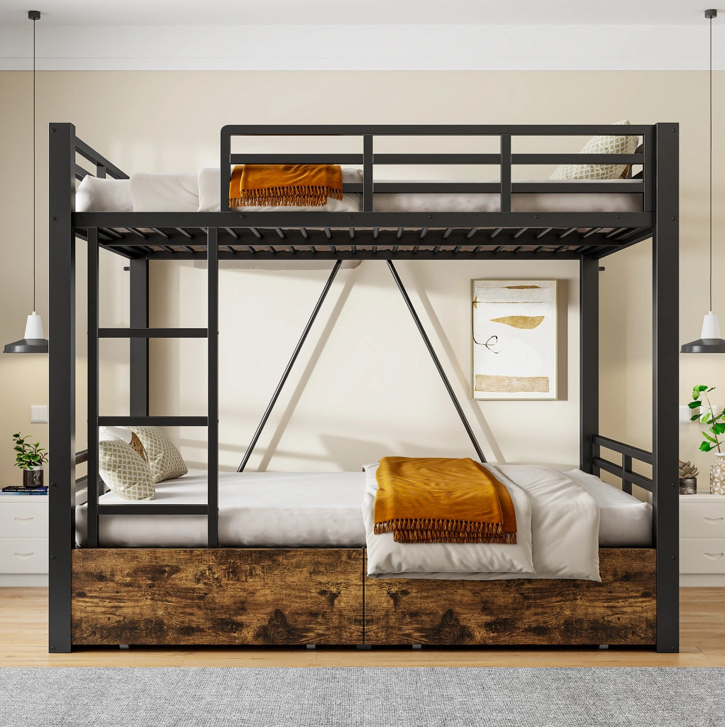 Letto a castello ULEVR 140x200 cm con cassetti, scala e sponde di sicurezza, nero