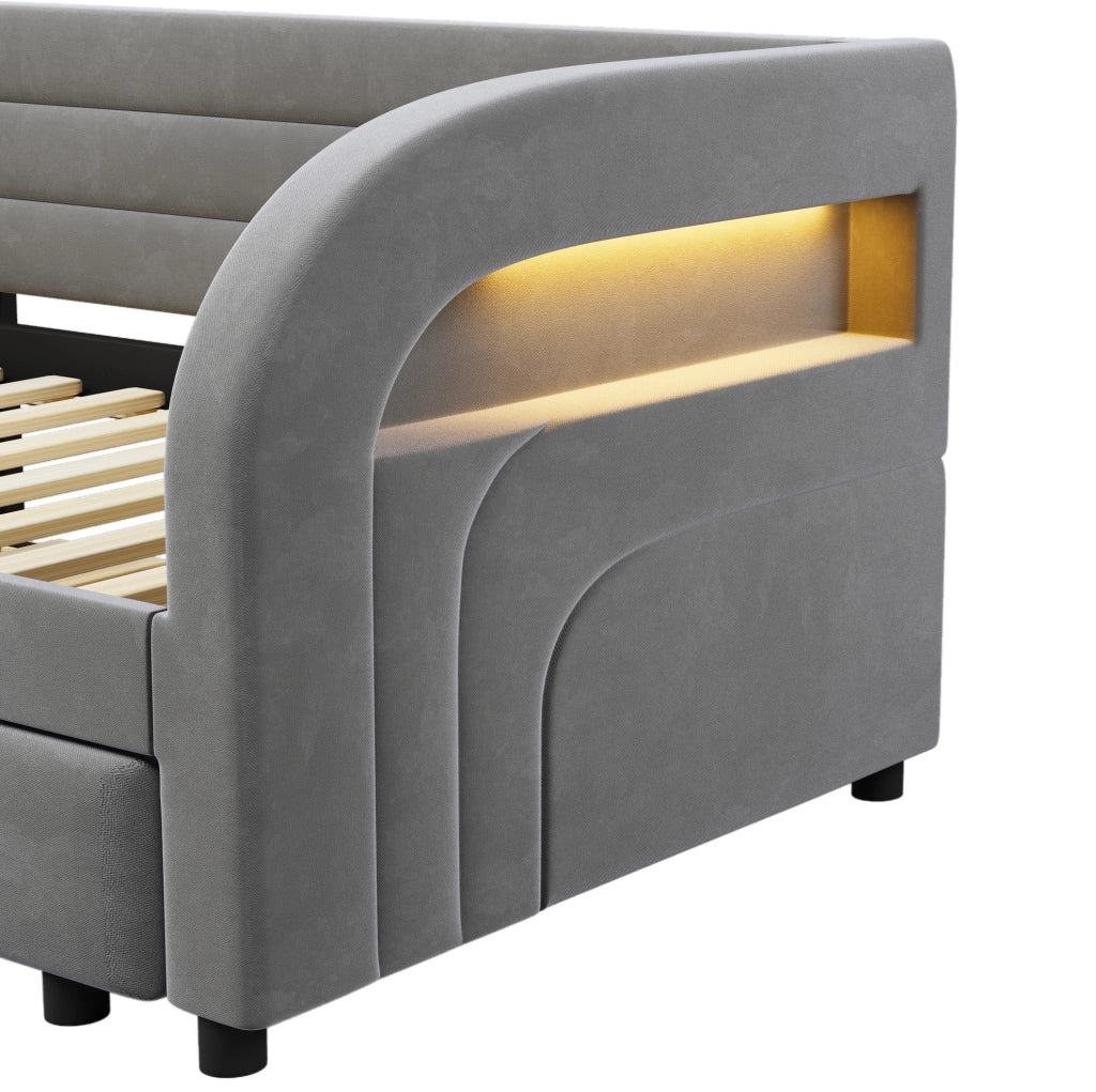 Letto imbottito 90x200 cm con letto estraibile e LED, grigio