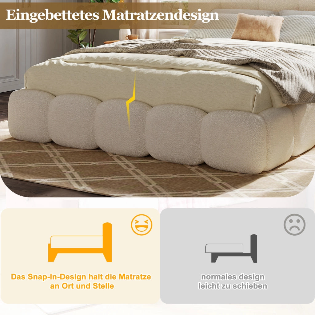 Letto imbottito 180 × 200 cm con contenitore idraulico e rete a doghe inclusa in bouclé bianco