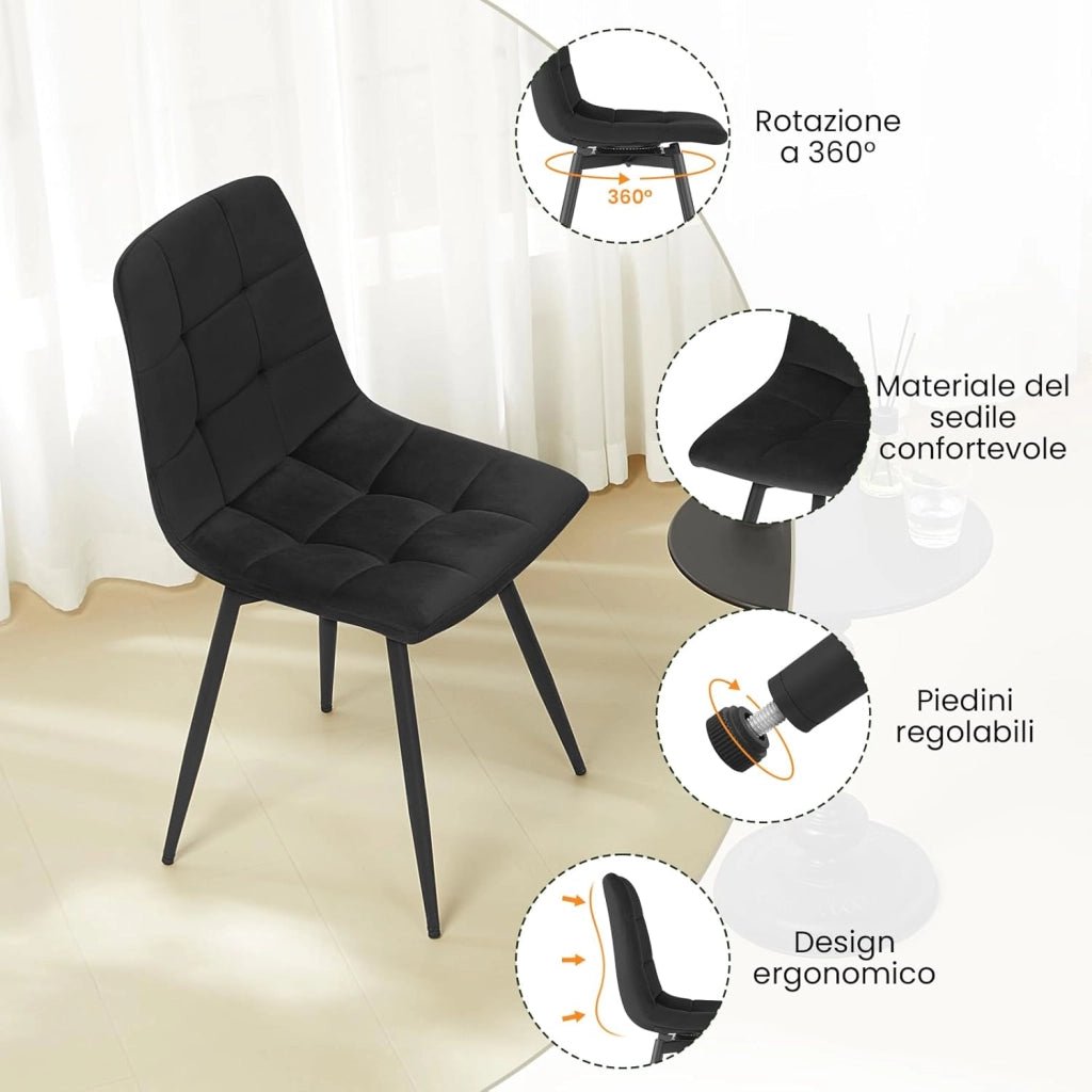 4x Sedie da Pranzo Girevoli, Sedie da Cucina in Velluto con Schienale e Gambe in Metallo, Stile Moderno, per Cucina, Sala da Pranzo, Camera da Letto e Soggiorno, Nero