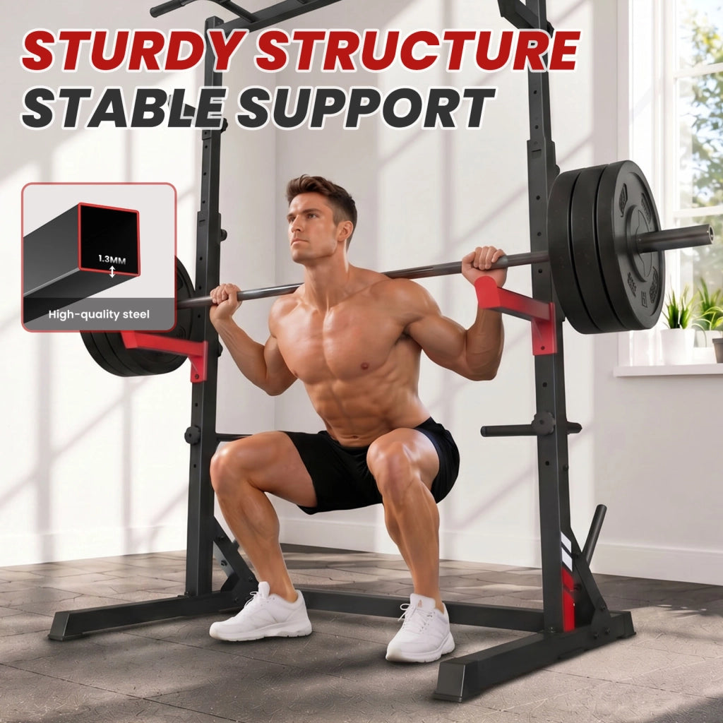 Squat Rack Multifunzione All-in-One e Supporto per Bilanciere con Barre di Sicurezza Antiscivolo, Carico Massimo 300 kg