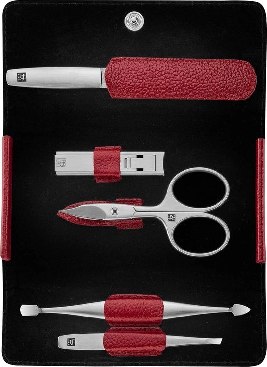 Set di manicure 5 pezzi con custodia in pelle e interni in velluto rosso contrastato