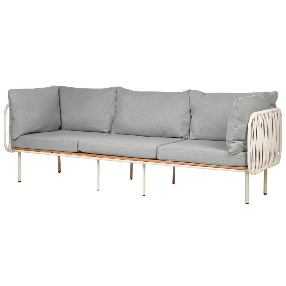 Divano da giardino a 3 posti con struttura in metallo e schienale in corda con cuscini grigio stile elegante