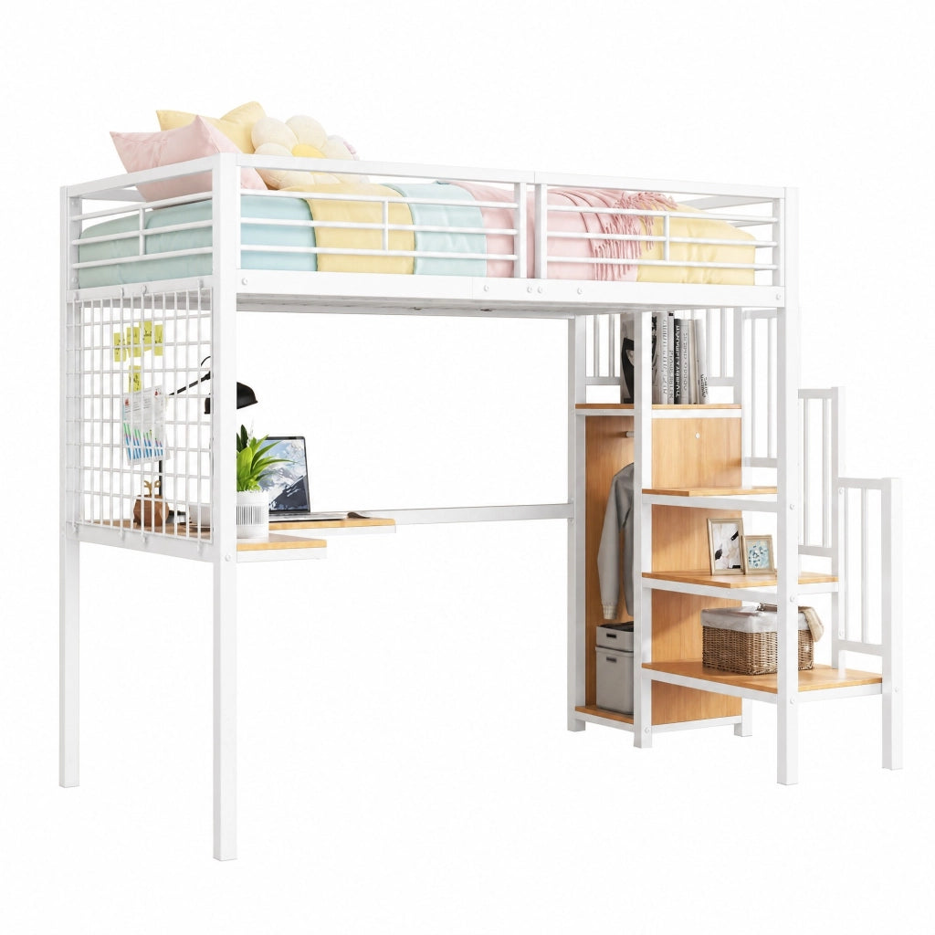 Letto a soppalco in metallo 90x200 cm con scrivania e armadio; bianco naturale
