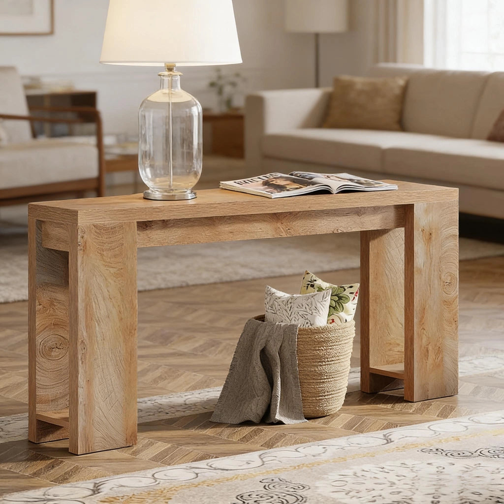 Consolle ingresso stretta e lunga stile rustico country in legno marrone per soggiorno e corridoio decorativa
