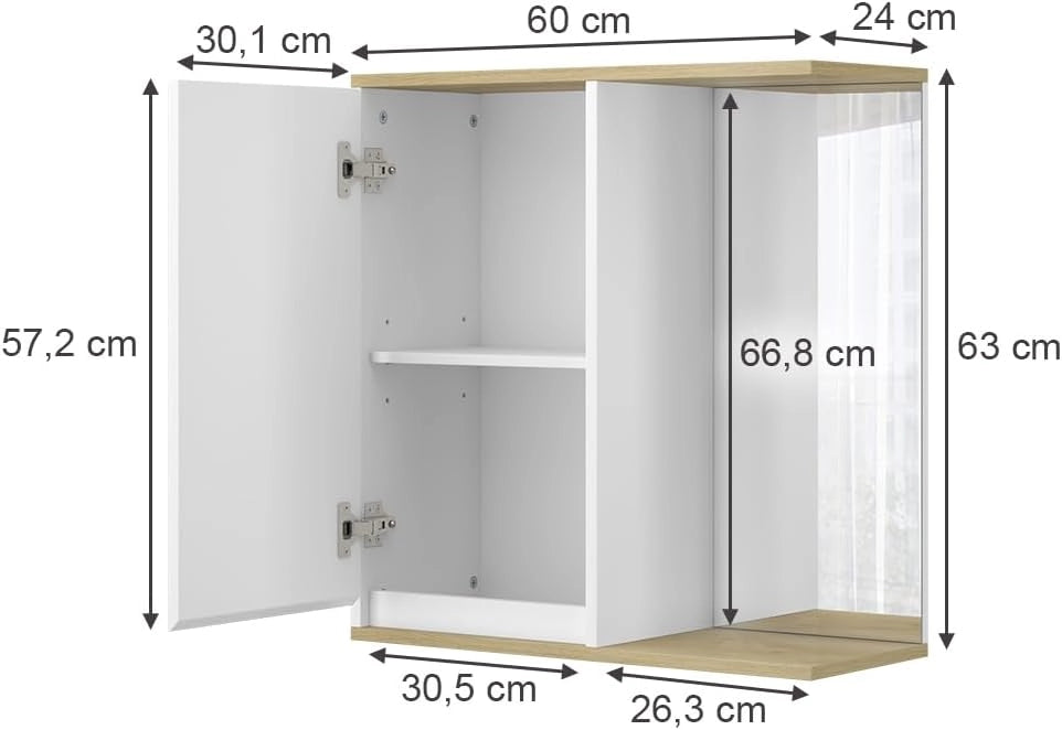 Mobile a specchio per il bagno Livia, Bianco, 60 x 63 cm con specchio, per riporre sopra il WC con area scaffale aperta