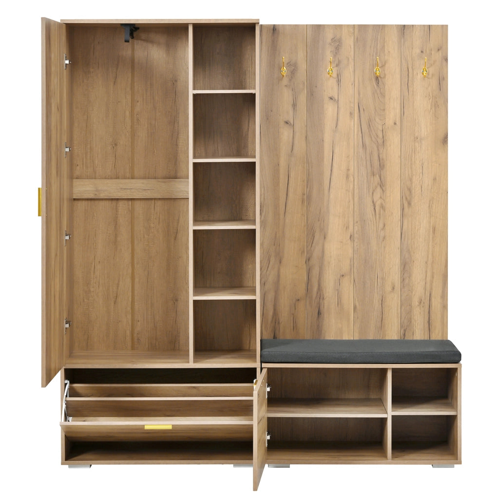 Mobile ingresso con specchio; scarpiera; panca; asta estraibile e 4 ganci - 160x38x180 cm
