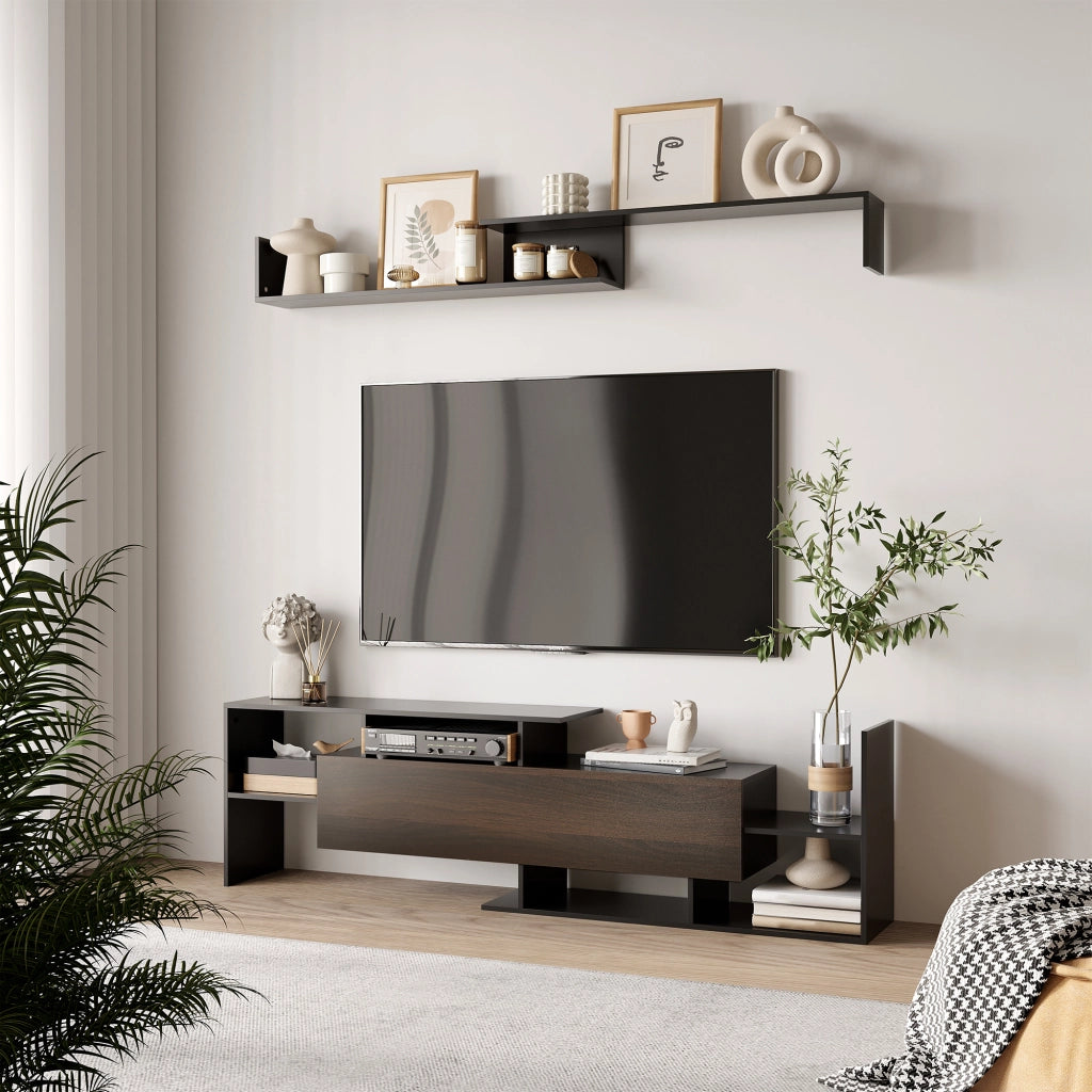 Mobile TV con credenza e scaffale a parete ¨C zephmum ¨C nero e marrone 153.6x25x42cm