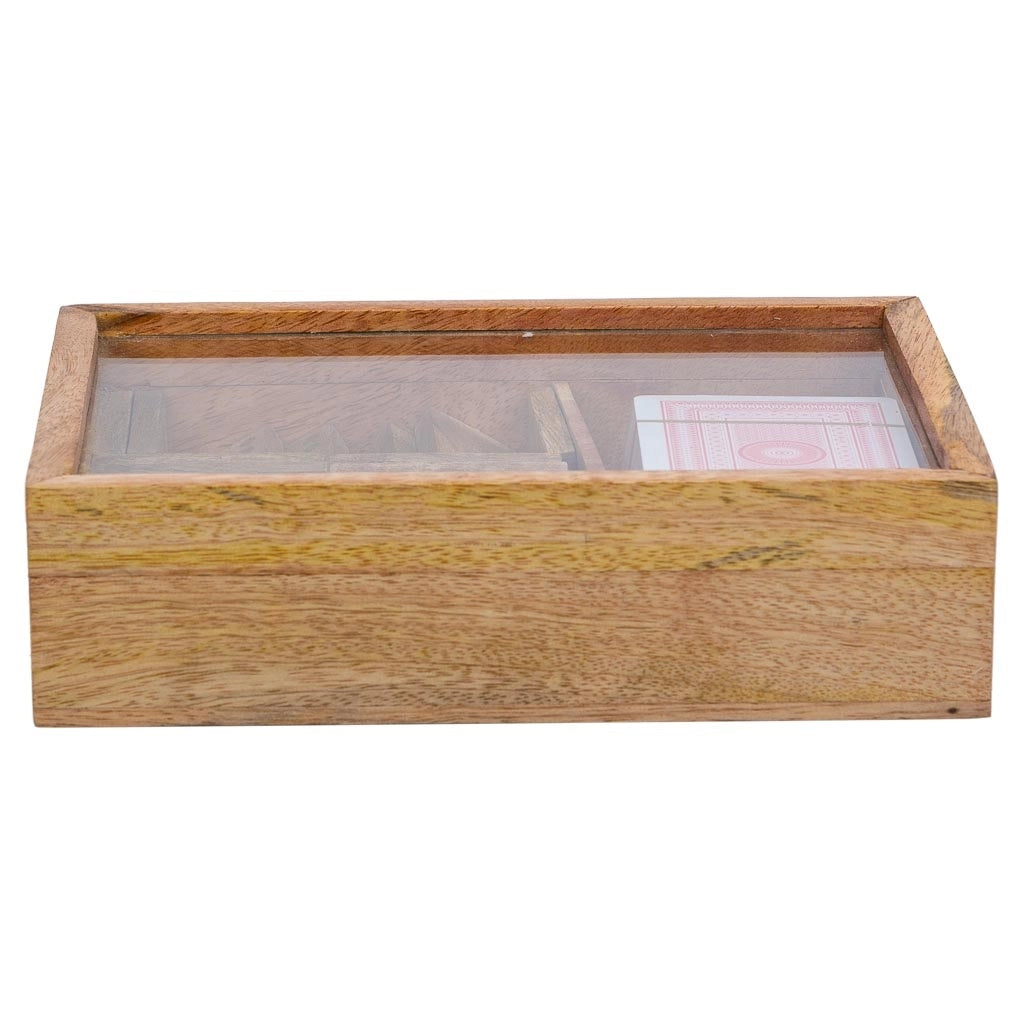 Gioco 2 in 1 (Domino+carte) in scatola di legno marrone 17x12x4h